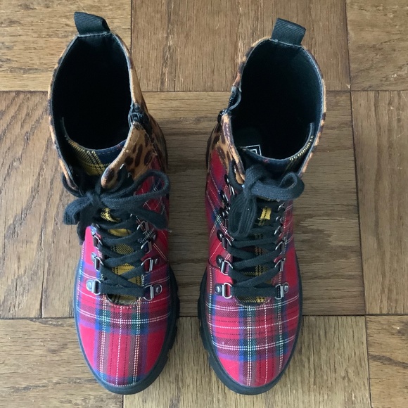 Lust For Life Freedom Combat Boots Plaid & Leopard Dr Martens Style Lug Booties - Picture 2 of 5